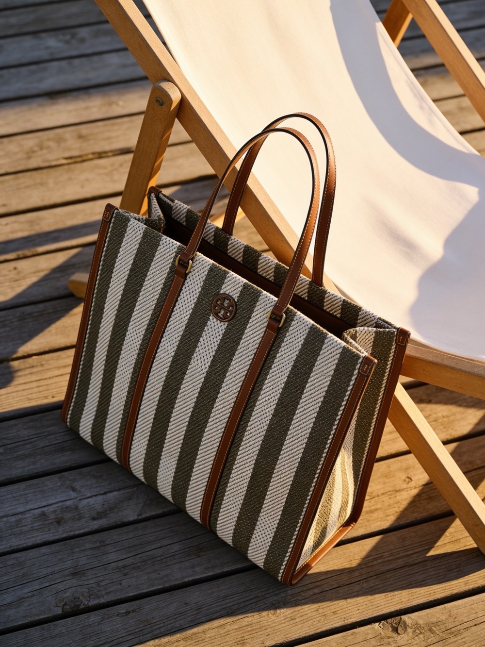Tory Burch Olive and Cream Striped Tote with Brown Leather Trim and Handles.